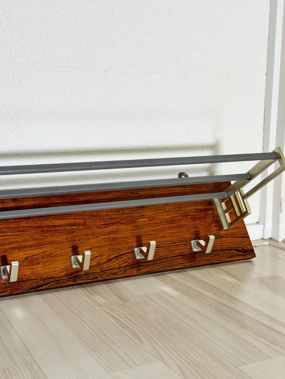 Image 1 of Vintage Art Deco Coat Rack with 7 Chrome hooks and Hat Shelf