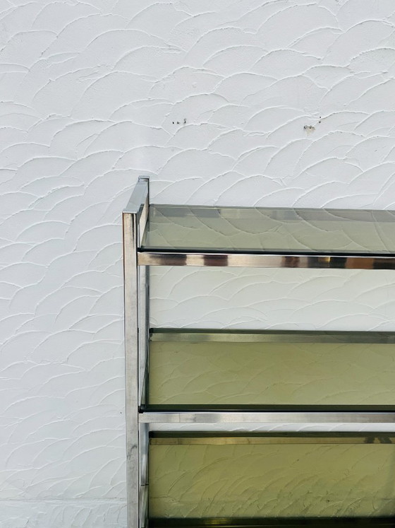 Image 1 of Designplank van chroom en rookglas in Italiaanse stijl uit de jaren 70.