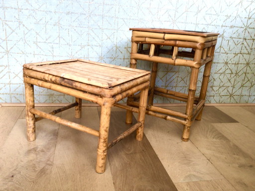 Set of 2 rattan side tables from the mid-20th century