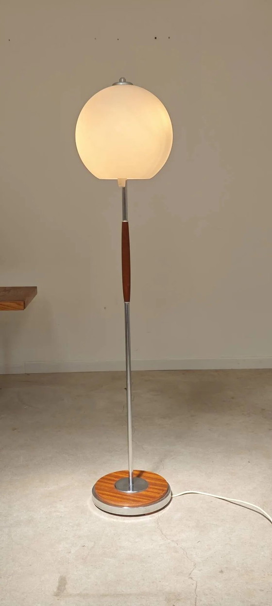 Modernist floor lamp in teak, chrome metal, opaline, Czechoslovakia 60s – Floor lights, Scandinavian (photo 20 of 23)