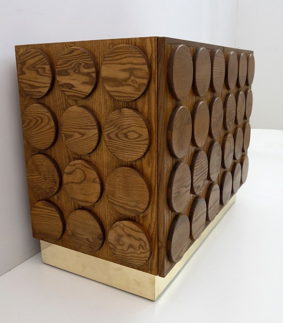 Image 1 of Brutalist Italian Chestnut Wood and Brass Bar Cabinet, 1970s