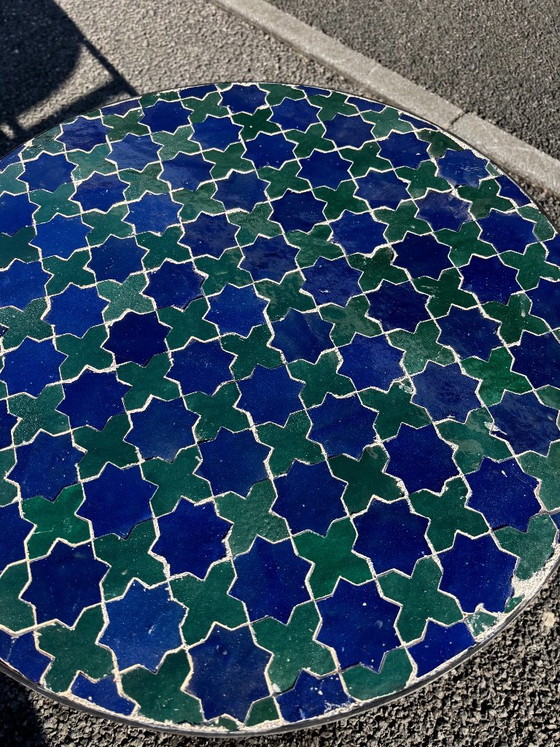 Moroccan Zellige Coffee Table, Blue Green Mosaic Table, Handmade Round Tile Side Table, Moorish Star Decor, (photo 4 of 6)