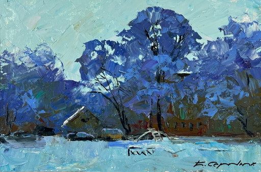 Pintura al Óleo Original Paisaje de Montaña Casa en una Ladera Noche Helada