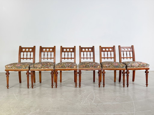 Set di 6 sedie originali Art Nouveau, sedia da pranzo antica intagliata