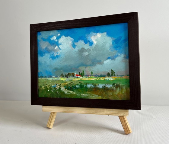 Image 1 of Origineel olieverfschilderij: Zomerlandschap, wandeling door de weilanden.