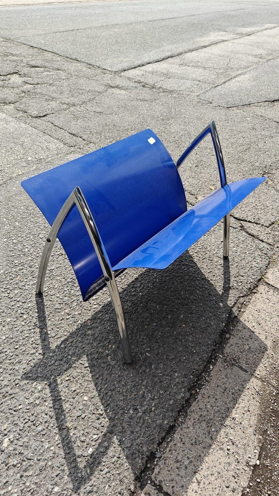 Postmodern Vintage Lectuurbak Chroom / Blauw – Tijdschriftenrek, Iron, Chrome (photo 8 of 8)
