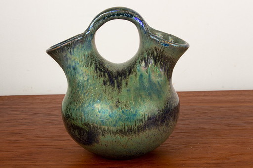 Iridescent Green Flamed Stoneware Art-Deco Style Double Neck Vase by Alphonse Cytère 1920