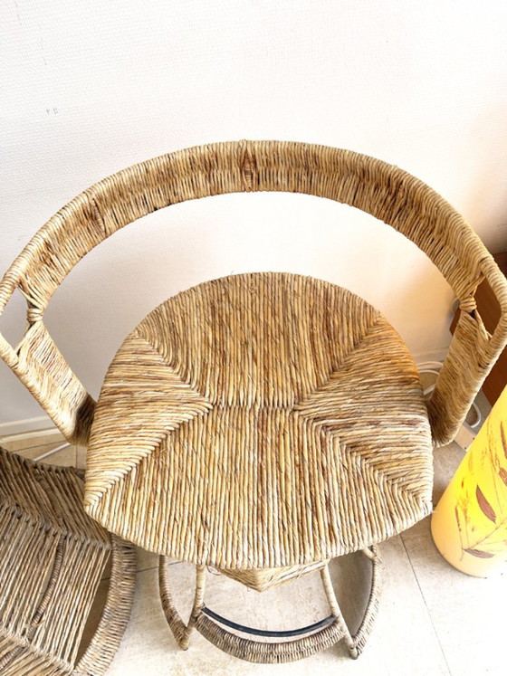 Bancone da giardino in rattan e vetro con due sgabelli - anni '70 – Set da salotto, Wicker (photo 3 of 12)