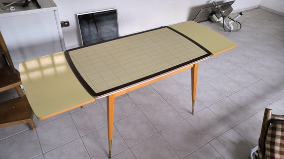 Image 1 of Mid-Century Crank Table / Dining Table – 1960s – Checkered Design & Brass Legs