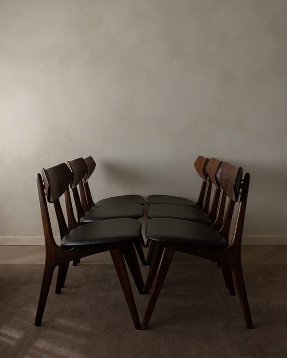 Image 1 of Vintage Dining Chairs by Louis van Teeffelen for AWA (Set of 6) | Reupholstered in Black Skai | Dutch Mid-Century | 1960s