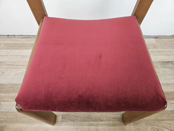 Set of four dining chairs, brown wood with red textile seats, Mid Century Modern (photo 6 of 13)