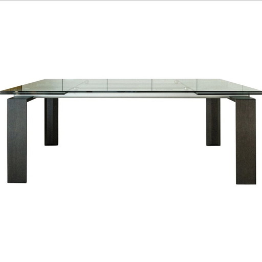 Vintage uitschuifbare design eettafel | Glas, hout & metaal (ca. 2000)