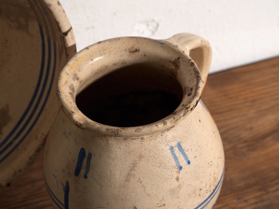 Pair of Antique Glazed Ceramic Bowl and Jug, Central Europe, circa 1900, Crockery, Blue (photo 2 of 14)