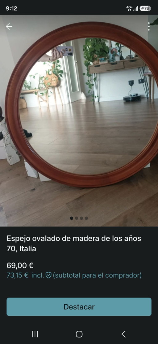 Miroir mural ovale italien Mid-Century en bois courbé – Années 1970