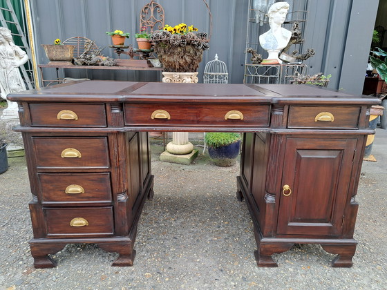 Image 1 of Scrivania classica inglese a due lati, scrivania partner, scrittoio con inserto in pelle, 150 x 75 cm e altezza 78 cm