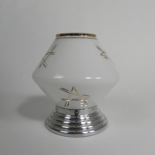 Art Deco Plafondlamp Met Glazen Kap Met Gouden Decoraties, Jaren 30