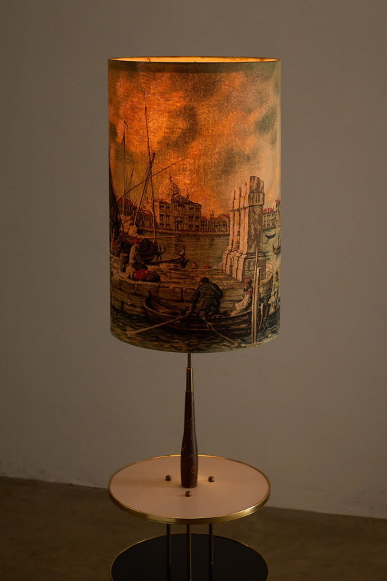 Lampadaire de table Hairpin en laiton avec abat-jour vénitien, Bois, Textile, Noir, Mid Century Modern (photo 4 sur 12)