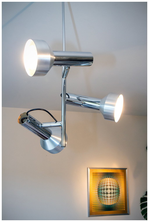 space age 1970 hanglamp, 3 verstelbare chromen spots