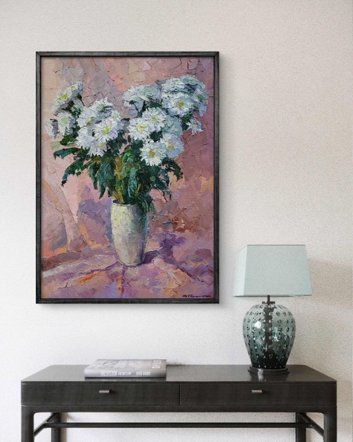 Original Oil Painting Still Life Bouquet of Flowers Chrysanthemum on Pink – schilderijen tekeningen, Canvas (photo 2 of 7)