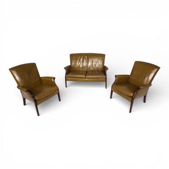 Image 1 of Froxfield 2 leather armchair and leather sofa set, moss green, by Parker Knoll, 1960