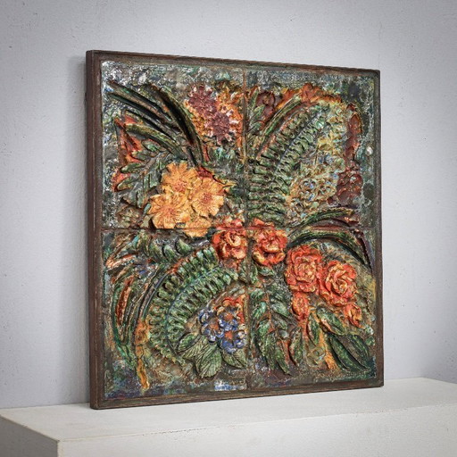 Sculpture murale en relief floral en céramique de Neubauer, années 1970