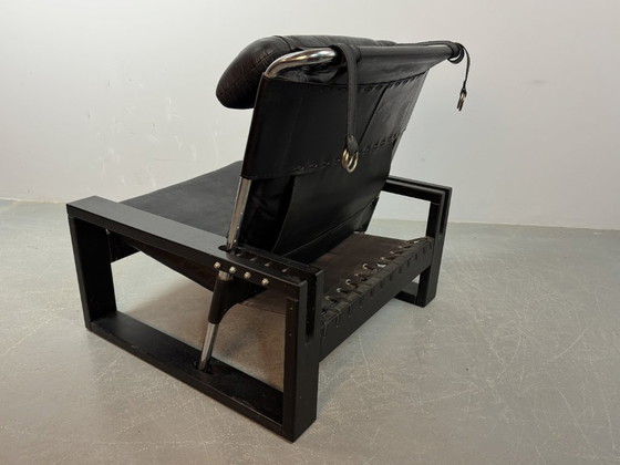 Image 1 of Beautiful black leather Brutalist armchair, designed by Sonja Wasseur. Amsterdam, Netherlands, 1970s.