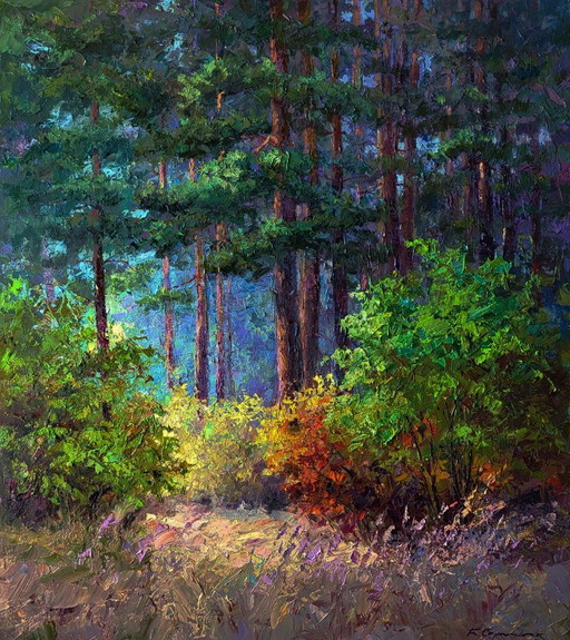 Original Oil Painting Nature Landscape The Beginning Of Autumn In The Forest – schilderijen tekeningen, Canvas