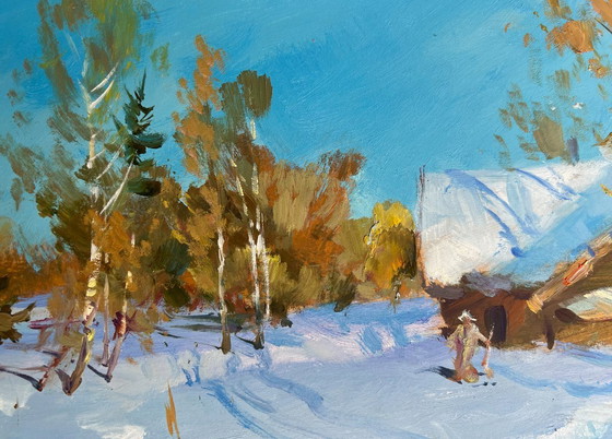 Image 1 of Original Oil Painting Winter Village Landscape After the night snowfall