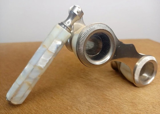 Image 1 of Vintage theatre glasses (opera glasses), made of metal and finished with mother-of-pearl (nacre) shell inlay.