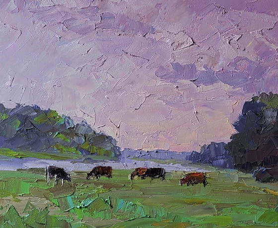 Image 1 of Original Oil Painting Rural Landscape Nature Pasture Cows in the Field
