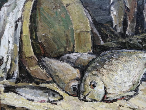 Dipinto a olio originale Natura morta Pesce sul tavolo – Dipinti e disegni, Tela (photo 7 of 11)
