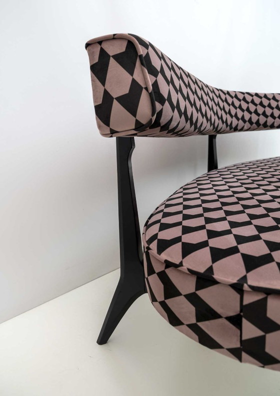 Curved Bench with Black and Beige Geometric Pattern, Kagan, Benches, Textile, Velvet, Mid Century Modern (photo 7 of 12)