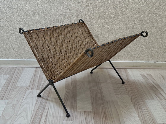 Image 1 of Vintage Rattan and Metal Magazine Rack