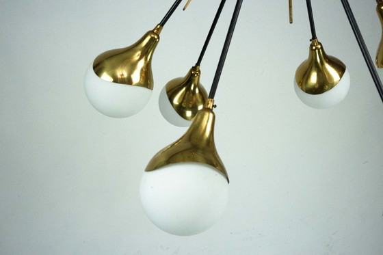 Image 1 of Mid-Century Italian 6-Arm Stilnovo Brass and opaline Glass Chandelier, 1950s