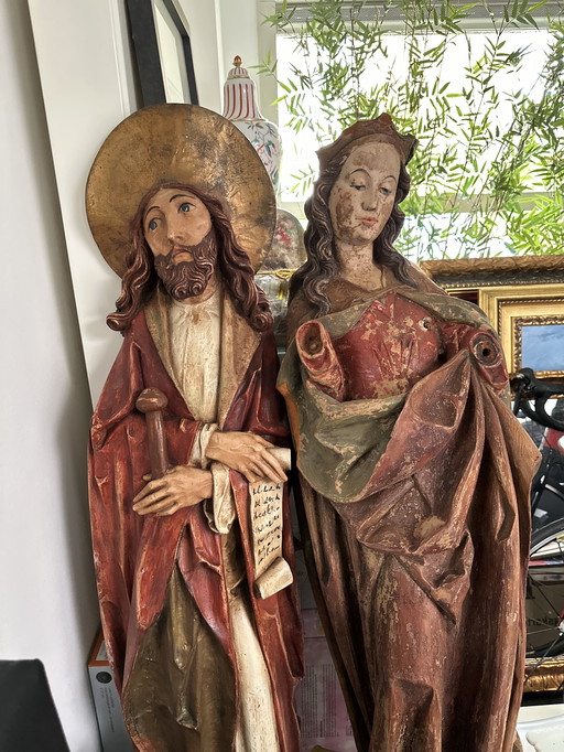 Statues d'église anciennes de style Riemenschneider, sculptures artisanales sur bois de Marie et Moïse