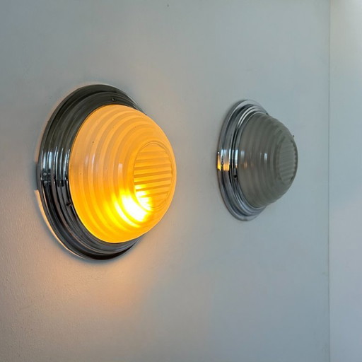 Pair of vintage wall lights, chrome and pressed sandblasted glass, France 1930
