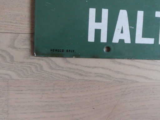 HOWOCO BRUX enamel sign. "Arret facultatif - Stop on request" vintage