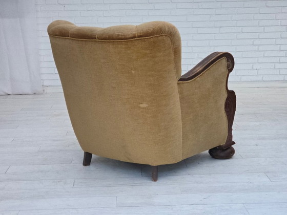 Image 1 of 1960s, Danish armchair, original green furniture velour, carved oak wood.