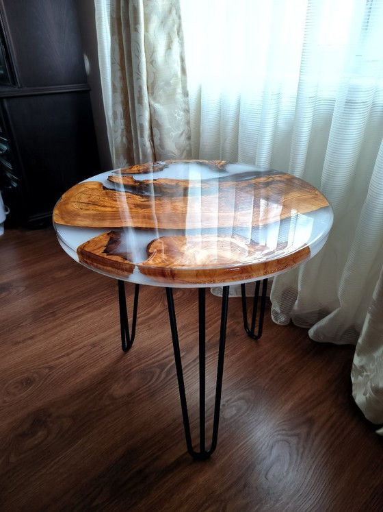 Image 1 of Handmade Olive Wood Epoxy Coffee Table with White Fog Resin