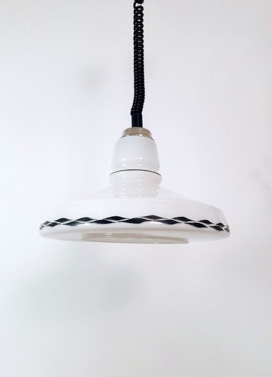 Image 1 of Mid-century White Opaline Glass Pendant Light / Vintage Ceiling Lamp / Retro Lightning / Home Decor / Yugoslavia / 1970s