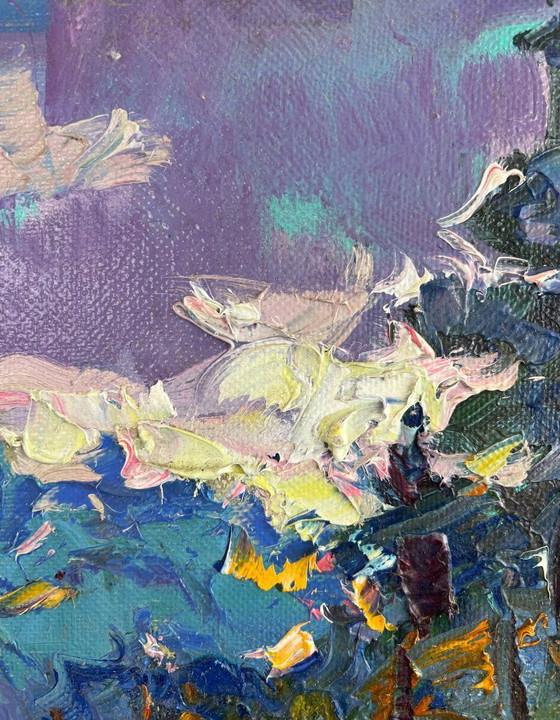 Image 1 of Peinture à l'huile originale, paysage d'été, rosée du matin argentée