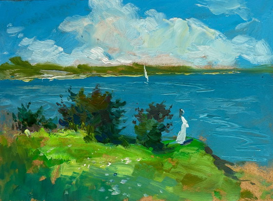 Image 1 of Original Oil Painting Summer River Landscape Fresh summer wind