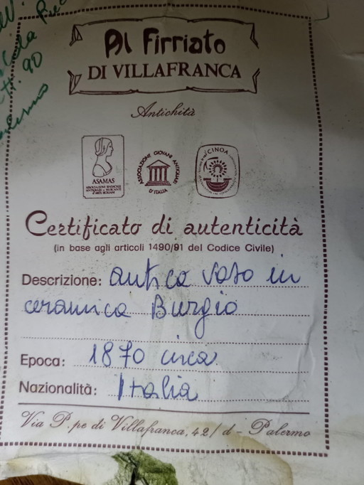 Burgio Ceramics 1870. **Con relativa certificazione**