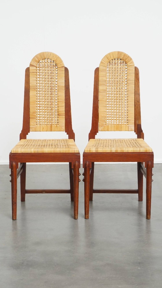 6x Vintage Art Deco design eetkamerstoel van riet en hout met een afneembare stoffen zitting (photo 3 of 17)