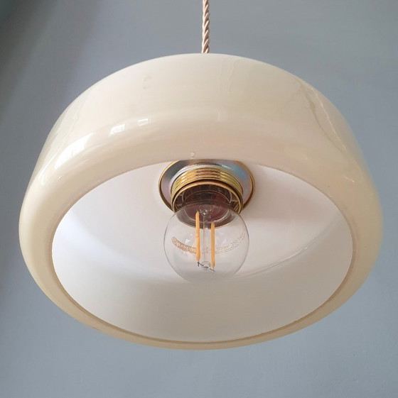 Image 1 of Vintage pendant lamp set (2) of yellow pastel opaline glass. Art Deco design.