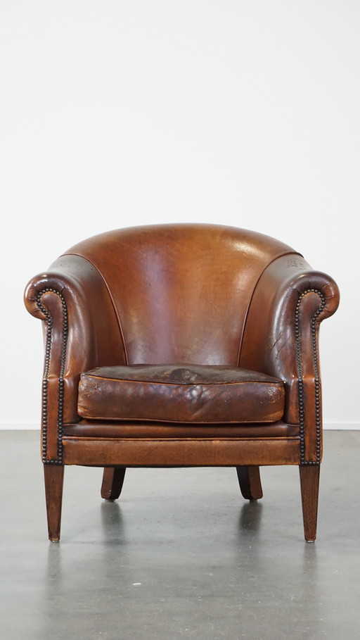 Vintage Clubfauteuil Gemaakt Van Schapenleer