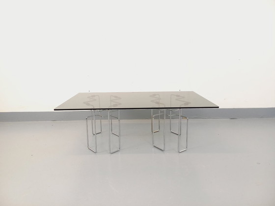 Image 1 of Vintage Space Age rectangular coffee table in smoked glass and chrome metal from the 1970s