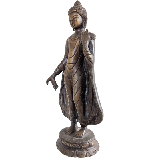 Le Maître de la Compassion – Grande Statue en Bronze du Bouddha Debout – Népal – 27,5 cm – Sculptures (photo 8 of 10)