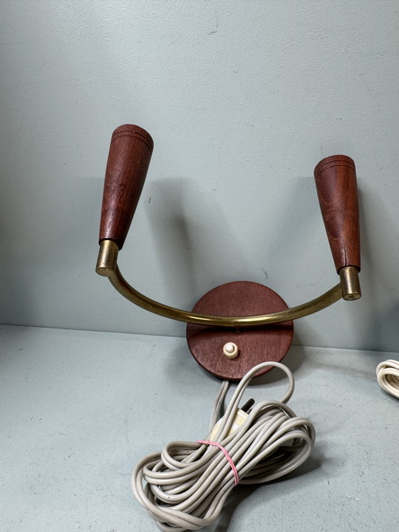 Set of 3 Vintage Mid Century Danish Design Wooden Wall lights – Brass (photo 3 of 11)