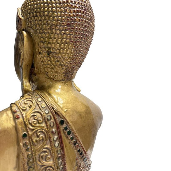 Gilded Wooden Buddha with Glass Inlay from Myanmar, Strong Features – Sculpture (photo 8 of 16)